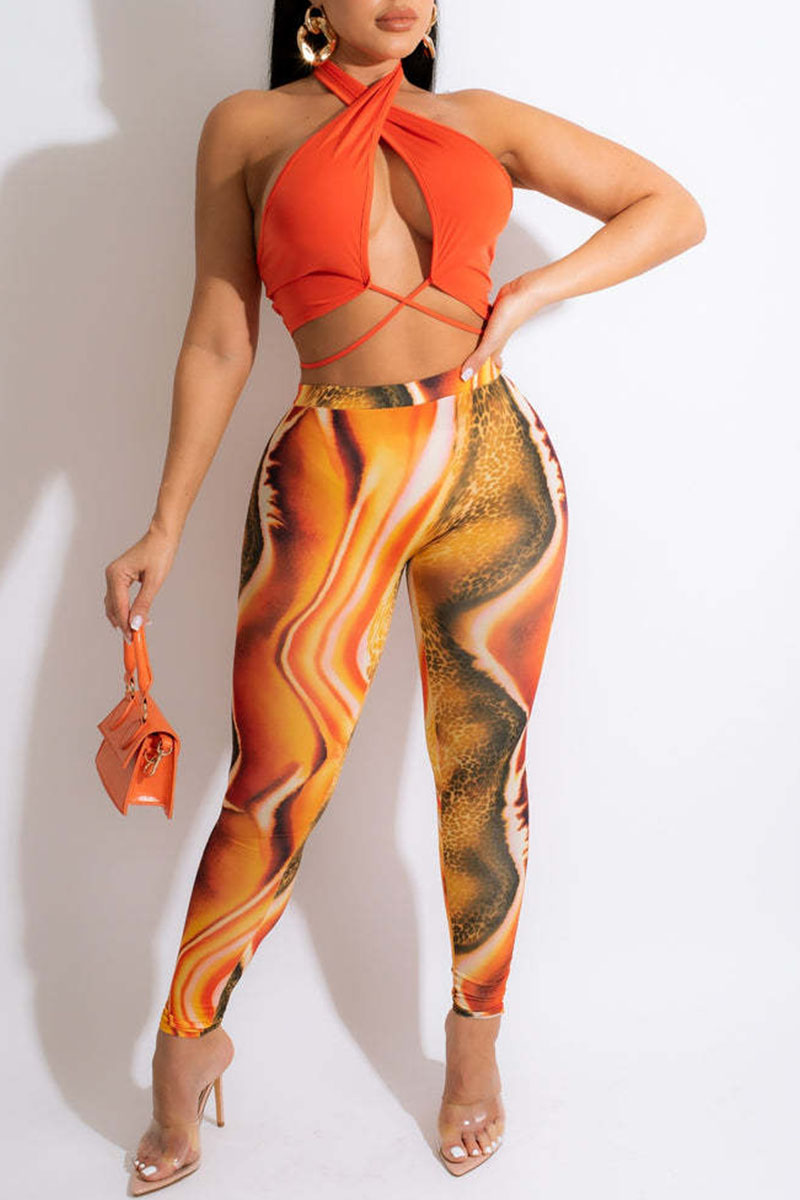 tangerine sexy print bandage patchwork backless