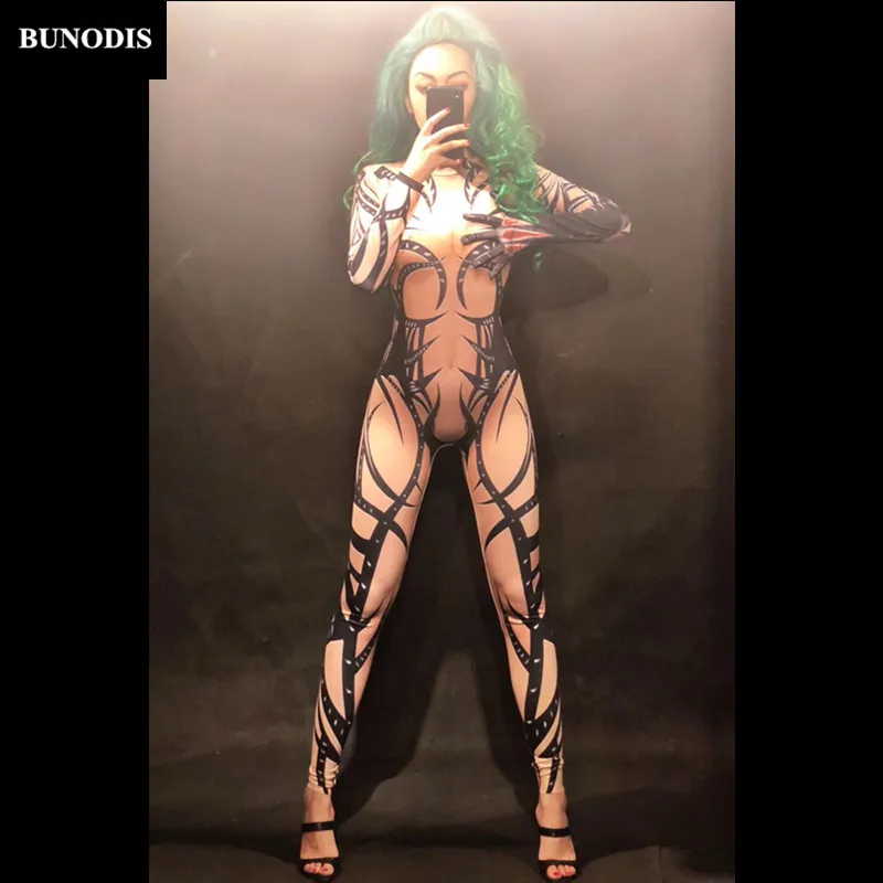 sexy skin color jumpsuit printed black